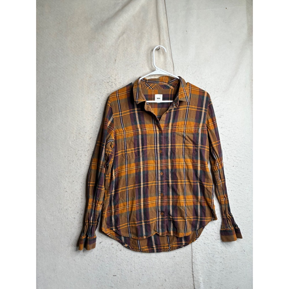 Vans Womens Mustard Yellow Purple Plaid Cotton Flannel Button Down Shirt Large